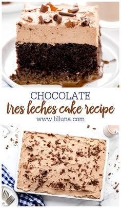 chocolate cake with frosting and nuts on top is shown in two different pictures, one has