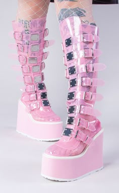 SWING-815C Baby Pink Tint Knee High Boots-Demonia-Tragic Beautiful Pink Cyberpunk Outfit, Holographic Boots, Holographic Shoes, Rave Boots, Rave Shoes, Platform Shoes Boots, Demonia Boots, Kawaii Outfit Ideas, Festival Boots