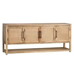 the sideboard is made out of wood and has wicker baskets on one shelf