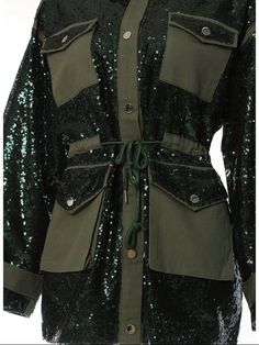 Make a statement with this long sleeves Sequin drawstring casual Jacket. This chic and statement making olive sequin jacket has button from, string belt, front breast and bottom pockets, plain back, shirt collar (approximately 47 » bust and 40” length). Material: cotton/nylon blend care: dry clean Sequins Jacket, Oversize Casual, Back Shirt, Long Sleeve Sequin, Sequin Jacket, Hot Outfits, Custom Dresses, Green Jacket, Shirt Collar