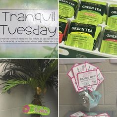 there are pictures of teas and signs on the shelves in this store that say tranquill tuesday