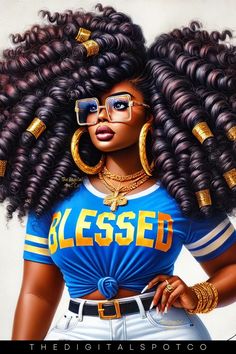 a painting of a woman with large afros and glasses on her head, wearing a blue t - shirt