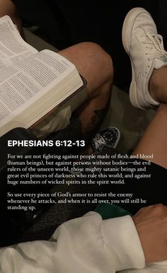 two people sitting next to each other with an open book in front of them and the text ephesians 6 12 - 13