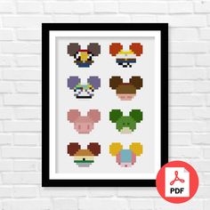 the pixel art print is hanging on a brick wall, with an image of mickey mouses