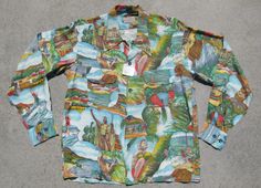 "Wow! Excellent deadstock vintage rayon crepe Hawaiian photo print long sleeve shirt measures 42\" at chest, 19\" at shoulders, and shoulder to hem is 24\". Tagged Sportswear by Samsons size Medium. Never been worn. I steamed the original folds out but the pin at the hem is still in place. Has the original paper tag. Rich & vibrant colors in like new condition. Just perfect. Will ship worldwide. Thanks!" Retro Long Sleeve Beach Shirt, Retro Long Sleeve Shirt For Beach, Multicolor Long Sleeve Hawaiian Shirt, Long Sleeve Hawaiian Shirt For Vacation, Vintage Long Sleeve Beach Shirt, Vintage Long Sleeve Vacation Shirt, Vintage Long Sleeve Shirt For Beach, Vintage Long Sleeve Shirt For The Beach, Vintage Long Sleeve Shirt For Vacation