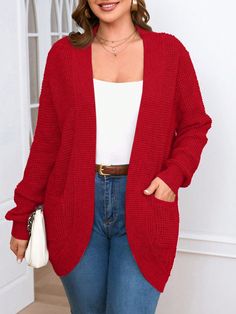 Plus Size Women's Solid Color Batwing Sleeve Casual Fall Cardigan, Autumn/Winter Red Casual  Long Sleeve Knitwear Plain  Medium Stretch  Women Plus Clothing, size features are:Bust: ,Length: ,Sleeve Length: Fall Cardigan, Winter Red, Áo Len Cardigan, Cardigan Casual, Plus Size Cardigans, Casual Cardigans, Batwing Sleeve, Casual Shoes Women, Long Sleeve Cardigan