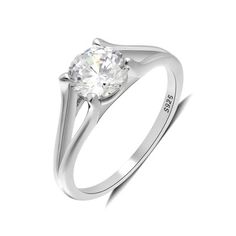 a white gold engagement ring with a round diamond