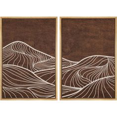 two brown and white wall art pieces with mountains in the background, one is made out of wood