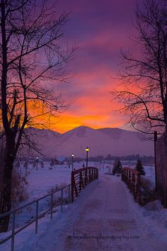 the sun is setting over a snowy field with trees and a fence in front of it