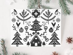 a christmas card with trees, houses and snowflakes in black and white on a white background