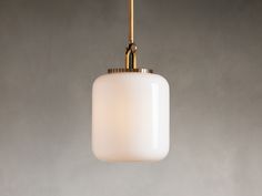 a white glass shade hanging from a brass colored light fixture on a gray wall background