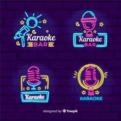 karaoke bar logos with neon colors on dark brick wall background, set of four