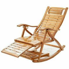 a wooden rocking chair with a foot rest on the bottom and one arm resting on an ottoman