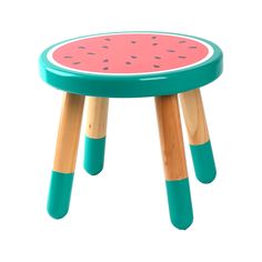 a small wooden stool with a watermelon design on the top and two legs