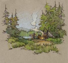 a drawing of a cabin in the woods