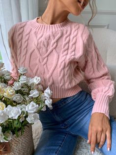 Pink Casual Collar Long Sleeve Polyester Plain Pullovers Embellished Slight Stretch Spring/Fall Women Knitwear Dressy Spring Outfits, Sleeve Crop Sweater, Cropped Cable Knit Sweater, Lantern Sleeve Sweater, Spring Outfits Dresses, Crop Pullover, Outfits Dressy, Cropped Pullover, Women Sweaters