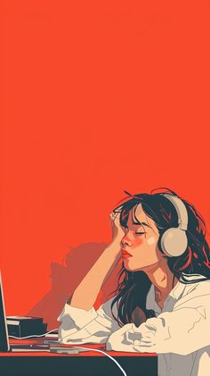 a woman with headphones sitting in front of a laptop computer on a red background