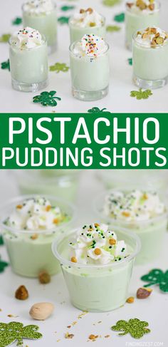 small cups filled with whipped cream and sprinkles next to green shamrock leaves