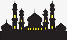 the silhouette of a mosque with yellow light in it's windows and minas