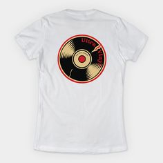 a white t - shirt with an image of a record player