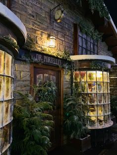 the outside of a building with plants growing out of it's windows at night