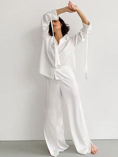 Lebadesign Cuff Lace Up Trouser Suits White Women's Pajamas Set Black Turn-Down Collar Slit Sleepwear Wide Leg Pants Sets 2024 Pajama Lace Up Trousers, Silk Pajamas Women, White Pajamas, Pajama Suit, Women's Pajamas, White Outfit, Womens Pyjama Sets, Silk Pajamas, Pajamas Set