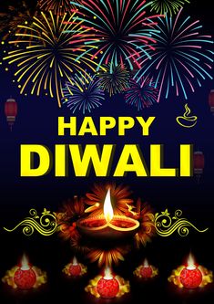 happy diwali greeting card with colorful fireworks and lit candles on dark blue background