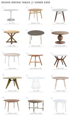 round dining tables and under $ 500 in various styles, sizes and colors are shown