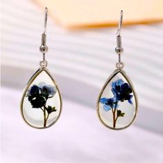 Clear Resin Teardrop Shaped Drop Earrings With Dried Blue Forget Me Not Detail. Post Back! New Forget Me Not Resin, Ar Accessories, Phone Holster, Jelly Shoes, Clear Resin, Forget Me Not, Walker Boots, Blush Makeup, Rain And Snow Boots