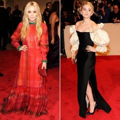 two women in long dresses standing on a red carpet