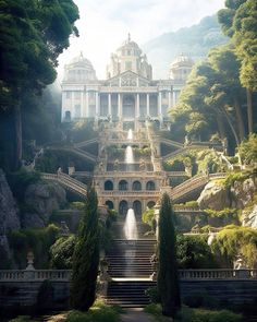 a large building with steps leading up to it and trees on both sides in the foreground