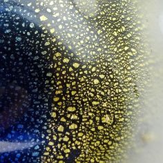 a close up view of some yellow and black spots on the surface of a vase