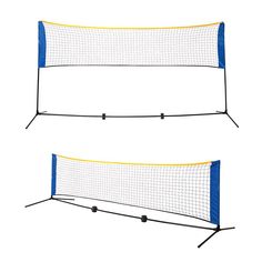 two volleyball nets with blue and yellow net on each side, set up against white background