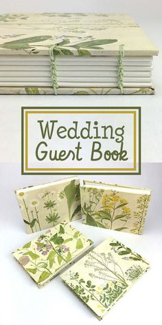 the wedding guest book is shown with four folded cards in front of it, and three stacked