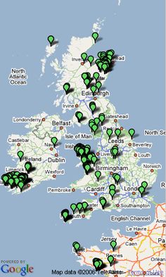 a map with green dots showing locations in the uk