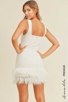 SQUARE NECKLINE OSTRICH FEATHERS MINI DRESS WHITE AND BLACK 63% COTTON 32% NYLON 5% SPANDEX White Feathered Mini Dress For Cocktails, Ivanka Dress, White Dress Feather Trim, Formal White Mini Dress With Feather Trim, Feather Trimmed White Dress, White Fitted Mini Dress With Feathers, Jackie Dress, White Dresses Graduation, White Scarves