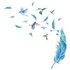 a group of birds flying through the air with a blue feather in front of them