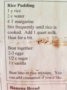 a piece of paper with instructions on how to use rice pudding in the kitchen or at home