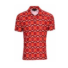 "The DZ Stretch Jersey Men's Polo Tiki Shirt provides comfort and breathability all day long. Golf, tennis, the beach... you betcha! Inspired by a classic 1960s polo shirt. The Dorothy Zudora Lava Luau Print incorporates elements of geometric, space age and op art influences during the Mod fashion movement. All of our signature prints were designed by Dorothy Zudora and printed in the USA. This Tiki Shirt was crafted by extremely talented tailors in our Tampa Bay studio. The model is a 5'11\" ta Classic Summer Polo Shirt For Sports, Fitted Vintage Polo Shirt For Summer, Retro Cotton Polo Shirt For Summer, Fitted Retro Summer Polo Shirt, Retro Summer Polo Shirt With Polo Collar, Retro Collared Polo Shirt With Graphic Print, Fitted Retro Collared Polo Shirt, Retro Summer Polo Shirt, Orange Polo Shirt With Polo Collar For Summer