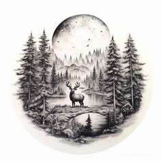 a black and white drawing of a deer in the woods with trees on it's side