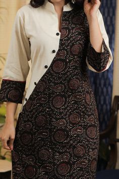 Kurti Styles Latest, Ajrakh Kurti Designs Latest, Salwar Styles, Latest Designer Kurtis, Khadi Kurta, Simple Kurtis, Designer Kurtis Online, Kurtis Design, Neck Patterns