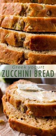 sliced zucchini bread with cheese on top and in the background text overlay