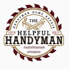 the helpful handyman maintenance services logo is shown in red and gold colors on a white background