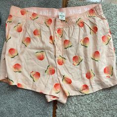 New Size Medium Spring Peach Bottoms For Loungewear, Casual Peach Bottoms For Summer, Peach Short Bottoms For Summer, Summer Peach Short Bottoms, Casual Peach Short Bottoms, Aesthetic Intimates, Black Denim Cutoff Shorts, Victoria Secret Pink Pajamas, Pink Denim Shorts