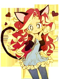 a drawing of a girl with red hair and cat ears, holding her hand up to her face