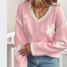 Delilah Pink Embroidered Sweater Pit To Pit 22.8 Pink White Floral Sweatshirt, Embroidered Sweater, Pink Sweater, Pink White, Mood Board, Sweaters For Women, Sweatshirts, Pink, Women Shopping