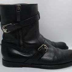 Men’s Gucci Black Leather Moto Buckle Boots Size 8.5 With Box The Boot Measures 9" Tall, 12" Long And 4.5" Wide. Designer Calf Leather Moto Boots With Buckle Closure, Designer Moto Boots With Buckle Closure In Calf Leather, Designer Business Boots With Buckle Closure, Black Moto Boots With Buckle Closure For Business, Classic Gucci Boots With Leather Sole, Gucci Black Round Toe Boots, Gucci Black Ankle Boots, Designer Black Moto Boots With Buckle Closure, Designer Black Moto Boots With Buckle