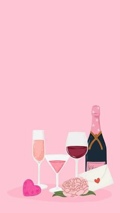 two glasses of wine and a bottle of wine on a pink background with a rose