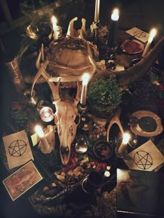 an animal skull surrounded by candles and other items