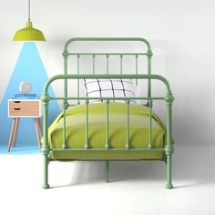 a green metal bed frame next to a night stand with a nightstand and lamp on it